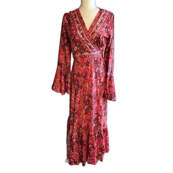 Unbranded Dresses & Skirts - Womens Red Black White Paisley Pattern Long Sleeve Silk Wrap Dress 4 Small